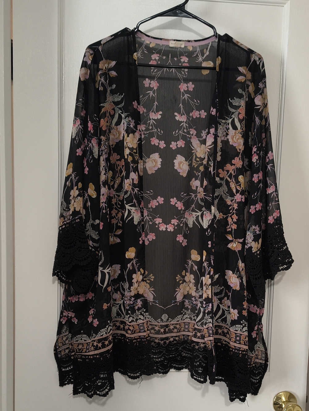 Sheer Floral Lace-Trim Kimono Robe - Black with Pink & Cream Floral